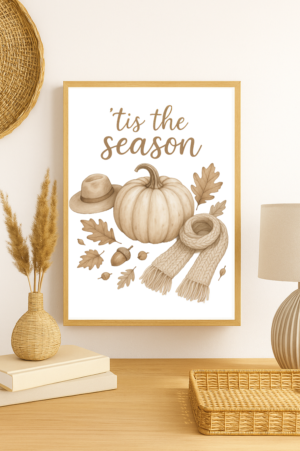 Neutral Tis the Season Wall Art – Fall Pumpkin Print with Cozy Scarf, Hat & Autumn Leaves-0