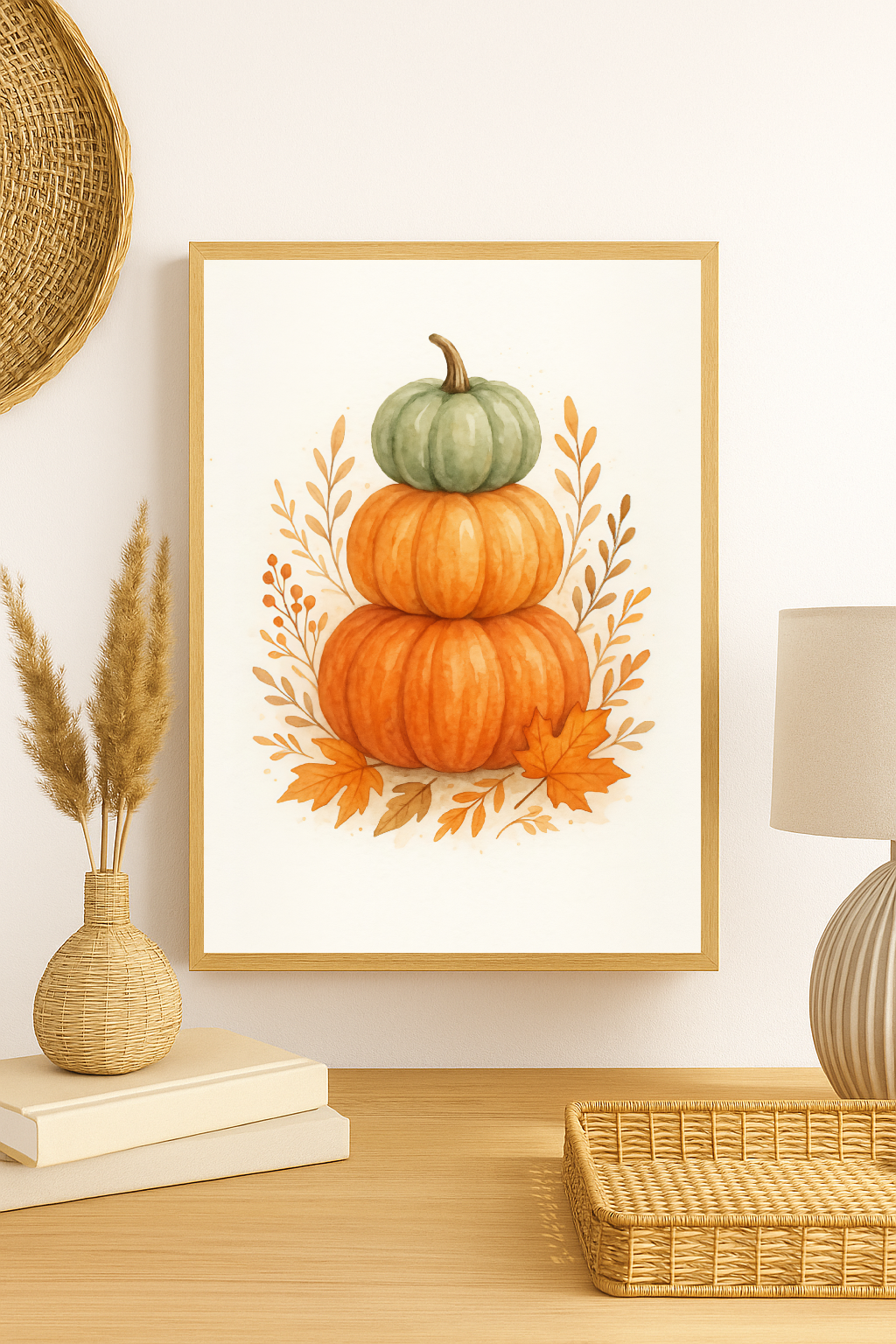 Pumpkin Stack Wall Art – Rustic Autumn Harvest Print with Fall Leaves-0